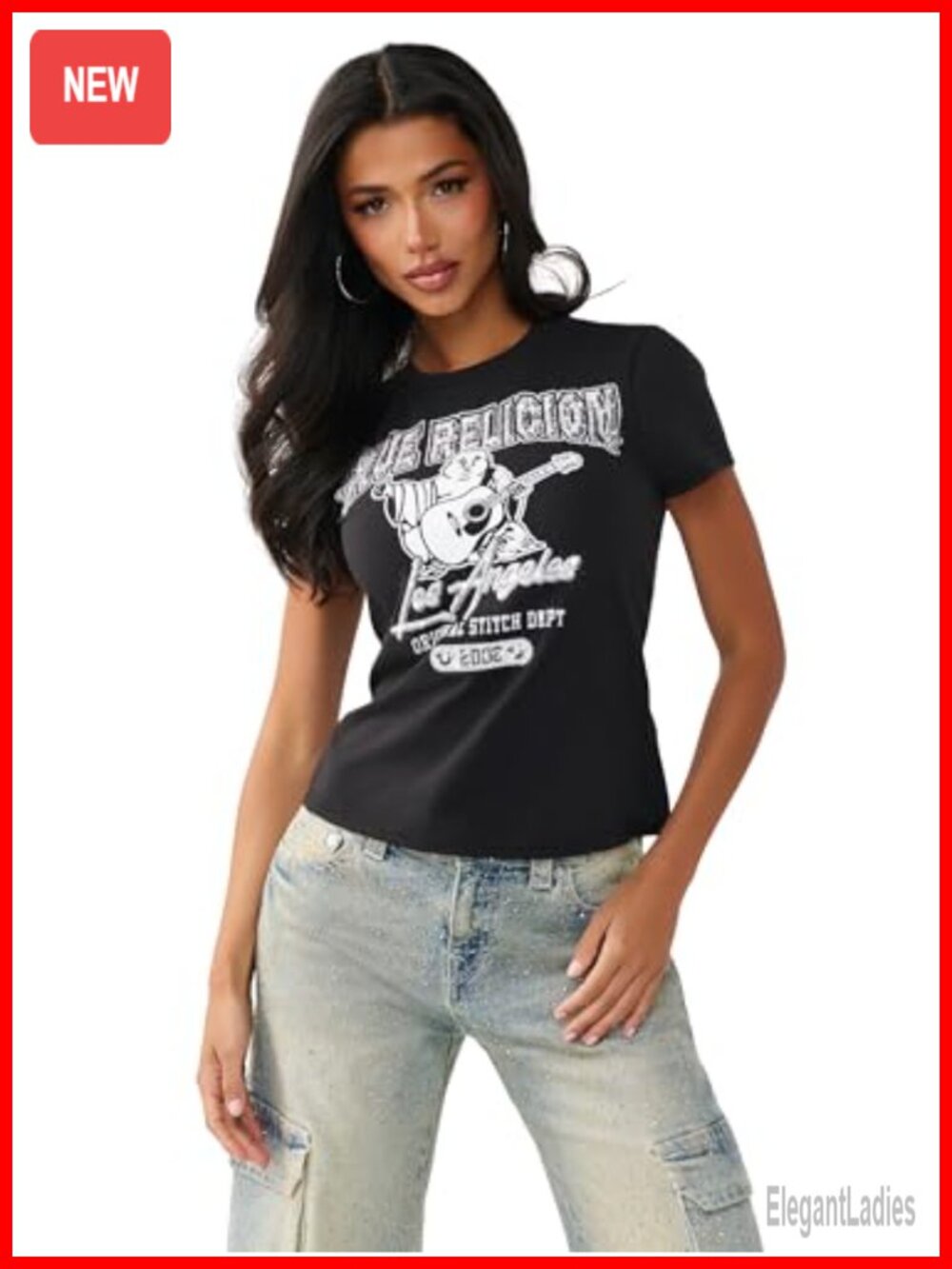 Crystal Buddha Rhinestone Tee Crew Neck Short Sleeve Women's Top